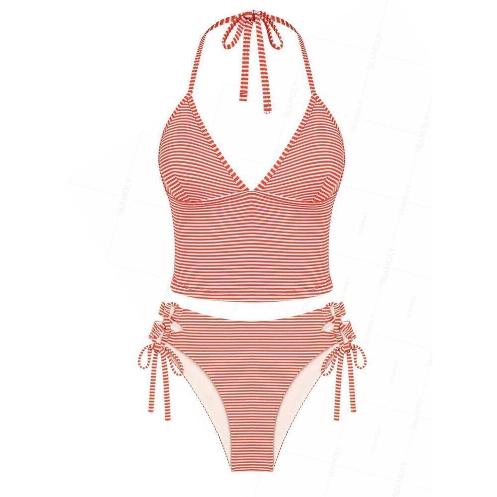 SEAMOLLY STRIPED HALTER TIED TANK TOP & LACE UP SIDE HIPSTER BOTTOM TANKINI SET